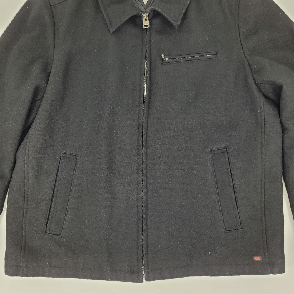 Levi's Coat Black Wool Blend Full Zip Pockets Collar Quilted Lined Mens Size XL
